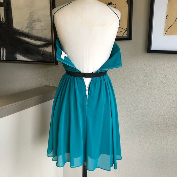 ERIN FETHERSTON teal chiffon ruched fit and flare dress - Picture 4 of 10